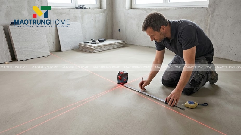 Dùng máy laser định vị tâm phòng và trục 45 độ