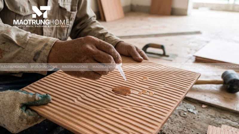 Nhỏ vài giọt nước lên mặt lưng để kiểm tra tốc độ thấm hút của gạch tàu