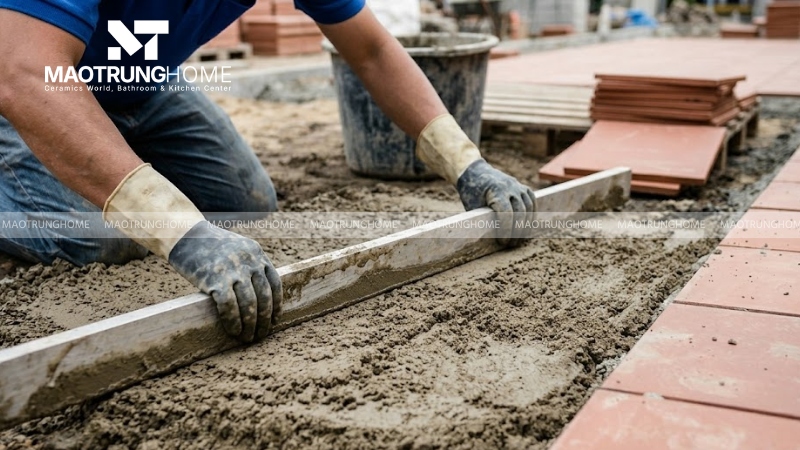 Trộn và rải vữa lót xi măng