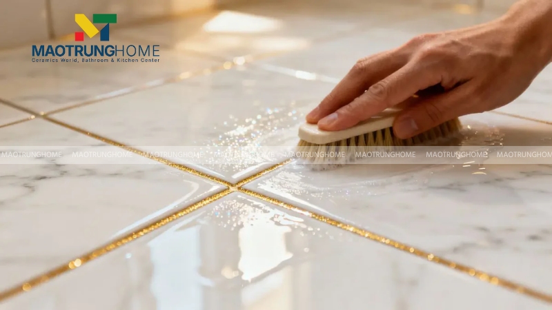 Dùng bàn chải cước mềm chà xát nhẹ nhàng lên các vết cặn bẩn, cặn canxi trên bề mặt.