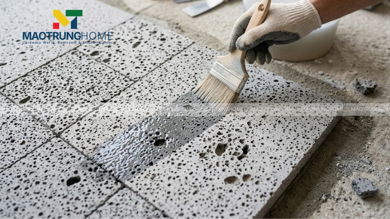 Nên quét một lớp dung dịch chống thấm bề mặt đá trước khi lát nền