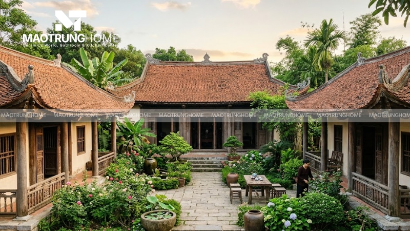 Mẫu nhà 3 gian mái ngói chữ U có sân vườn (Mẫu 1)