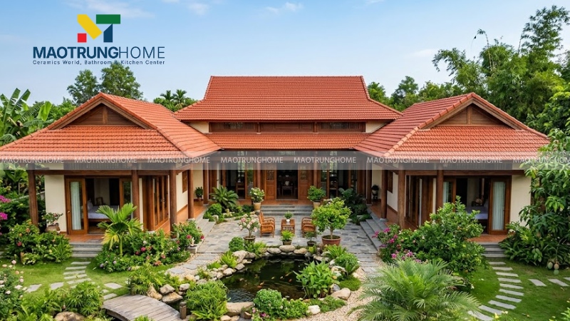 Mẫu nhà 3 gian mái ngói chữ U có sân vườn (Mẫu 3)
