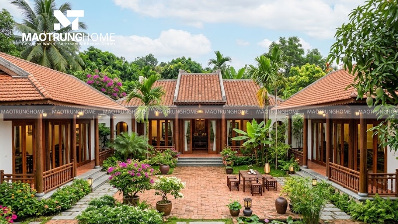 Mẫu nhà 3 gian mái ngói chữ U có sân vườn (Mẫu 4)