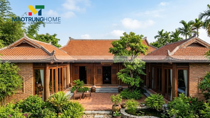 Mẫu nhà 3 gian mái ngói chữ U có sân vườn (Mẫu 5)