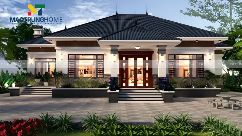 Mẫu nhà vườn mái Nhật xanh đen