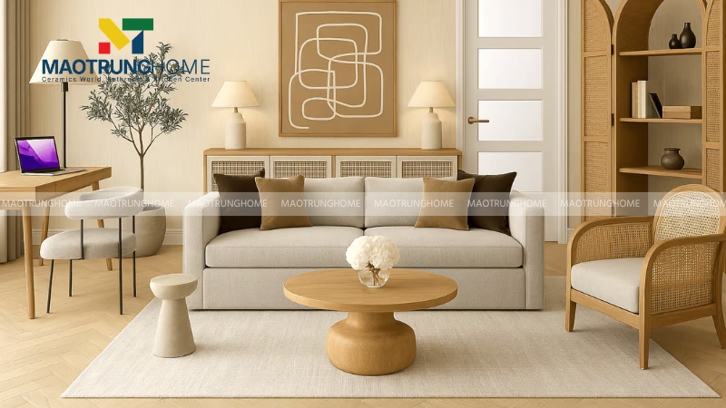 Ứng dụng phong cách Japandi cho không gian phòng khách