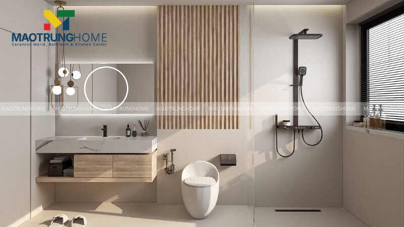 Phòng tắm tối giản ưu tiên các thiết bị vệ sinh có tính đơn giản