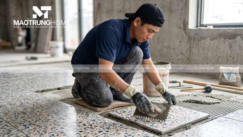 Tiến hành lát gạch terrazzo