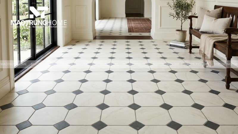 Gạch porcelain họa tiết sắc nét, tạo điểm nhấn nổi bật cho không gian
