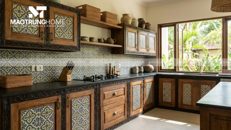 Gạch ceramic họa tiết và vật liệu gỗ