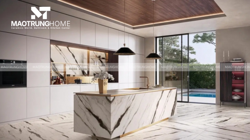 Sử dụng gạch porcelain khổ lớn với vân đá marble