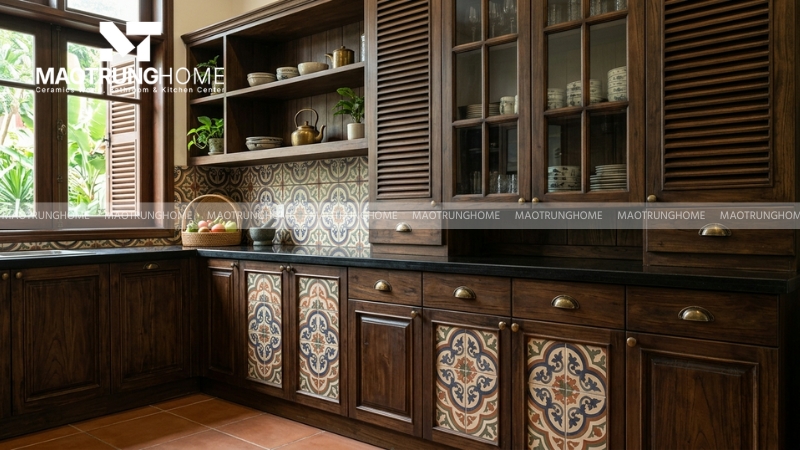 Tủ bếp gạch phong cách Đông Dương