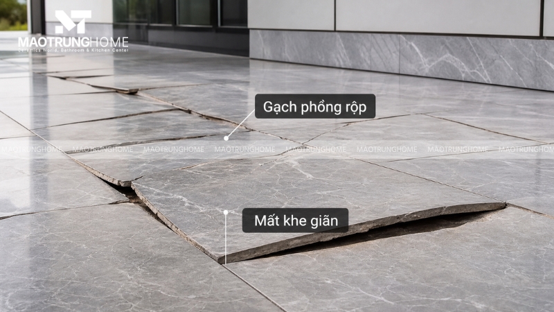 Hiện trạng gạch lát nền bị phồng rộp xô đẩy vỡ mép