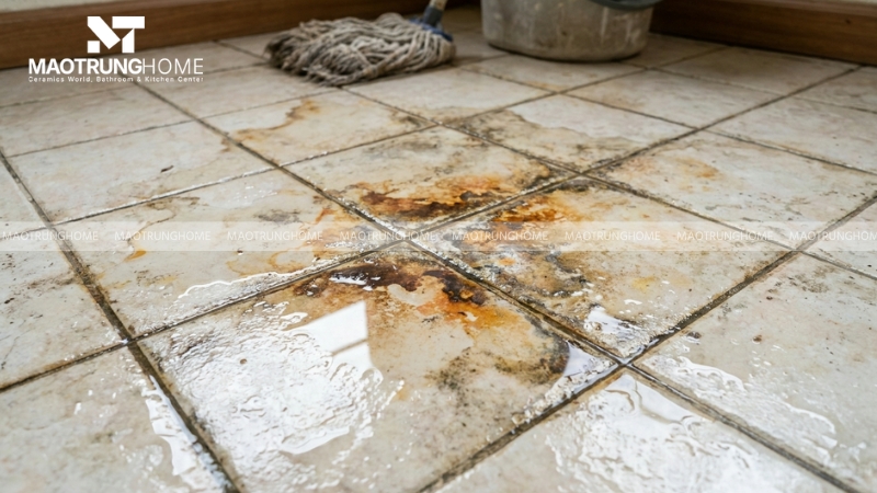 Sàn gạch bị thấm nước và ố màu loang lổ