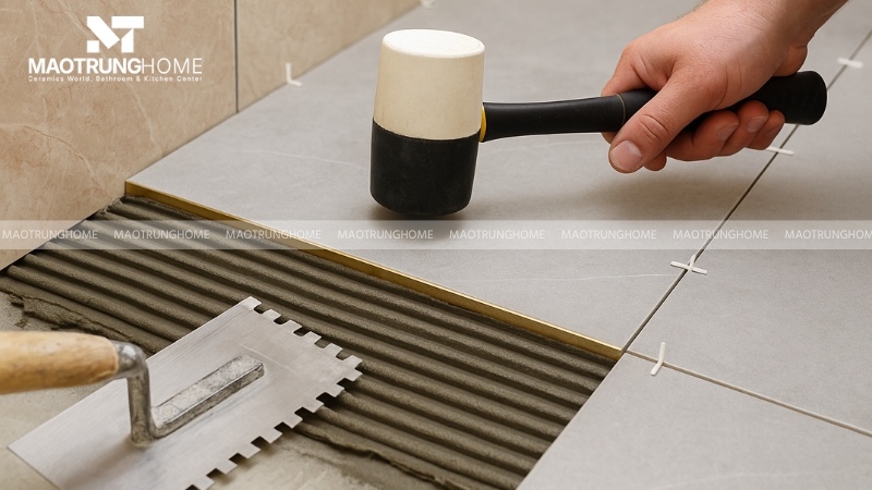Dùng búa cao su gõ nhẹ vào giữa viên gạch