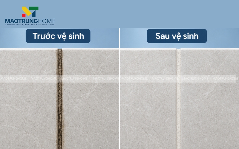 Hình ảnh trước và sau khi xử lý vệ sinh ron gạch ố đen bằng dung dịch chuyên dụng an toàn