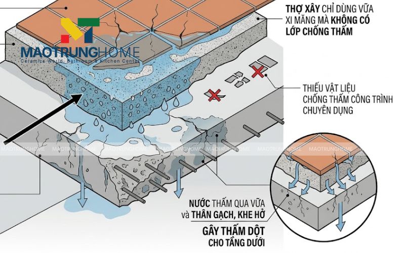 Nguyên nhân sân thượng đã lát gạch bị thấm dột