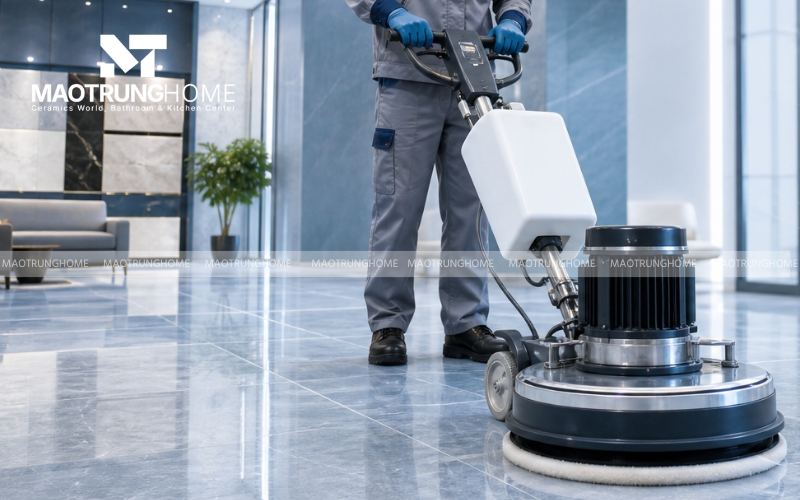 Sử dụng máy chà sàn công nghiệp với mâm mài kim cương để xử lý bề mặt gạch Porcelain