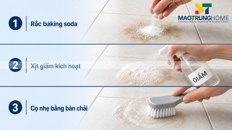 Quy trình tẩy vết ố vàng, dầu mỡ và nước chè bám trên bề mặt gạch tàu