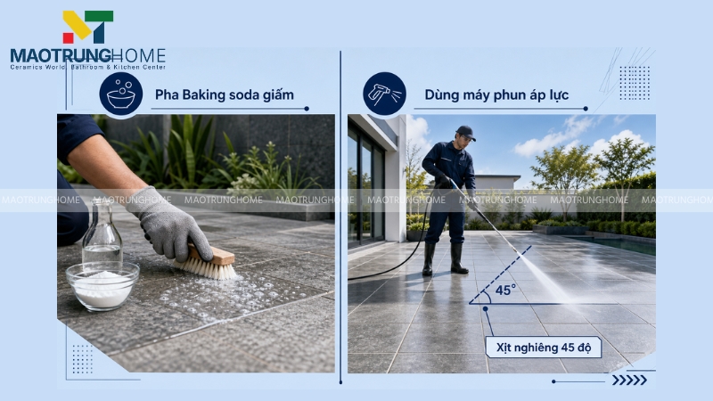 Quy trình tẩy rêu trên gạch men nhám và porcelain ngoại thất