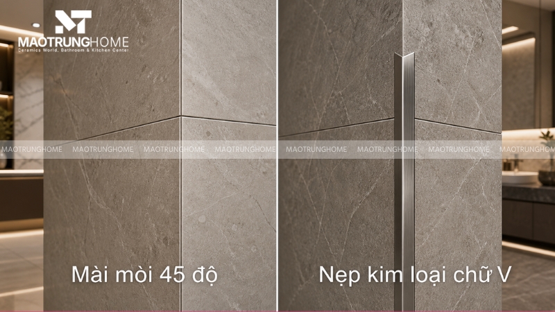 Góc cắt mài mòi 45 độ và góc lắp nẹp kim loại chữ V/T