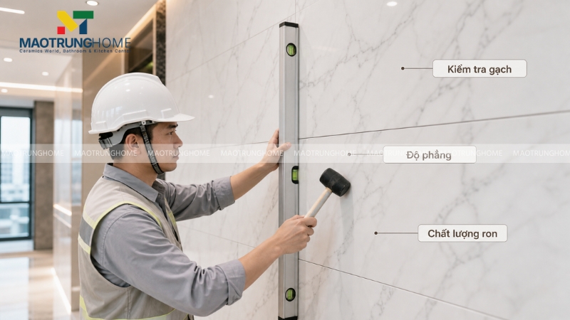 Kỹ sư dùng thước nhôm 2m và búa gõ kiểm tra chất lượng ốp gạch