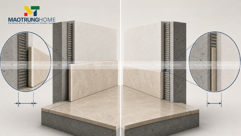 Ốp gạch chân tường nổi và ốp gạch chân tường chìm