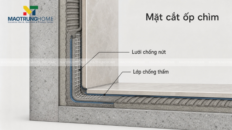 Mặt cắt mô phỏng phương pháp ốp gạch chân tường chìm