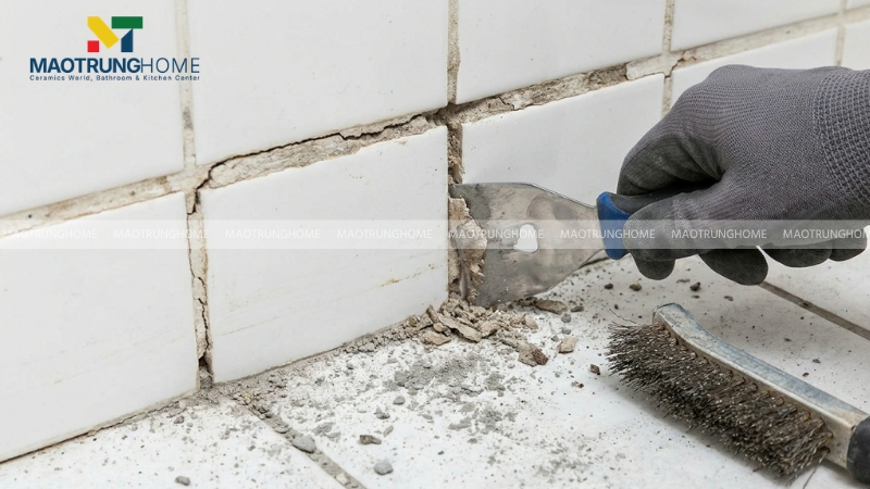 Cạo và nạo vét sạch sẽ lớp ron cũ đã bị nứt hoặc lão hóa