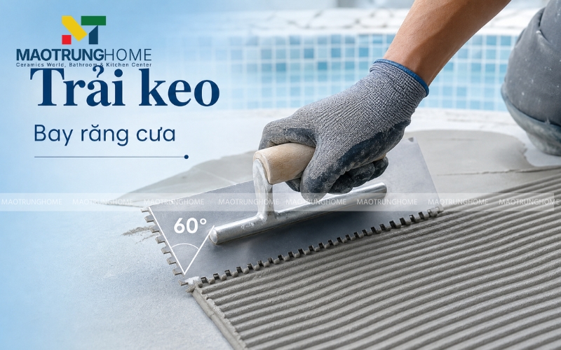Công trường thực tế chụp cận cảnh thợ đang dùng bay răng cưa tạo rãnh keo nghiêng 60 độ