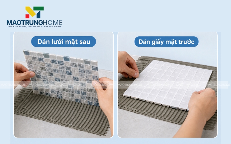 Minh họa sự khác biệt giữa vỉ gạch mosaic dán lưới mặt sau và vỉ dán giấy mặt trước