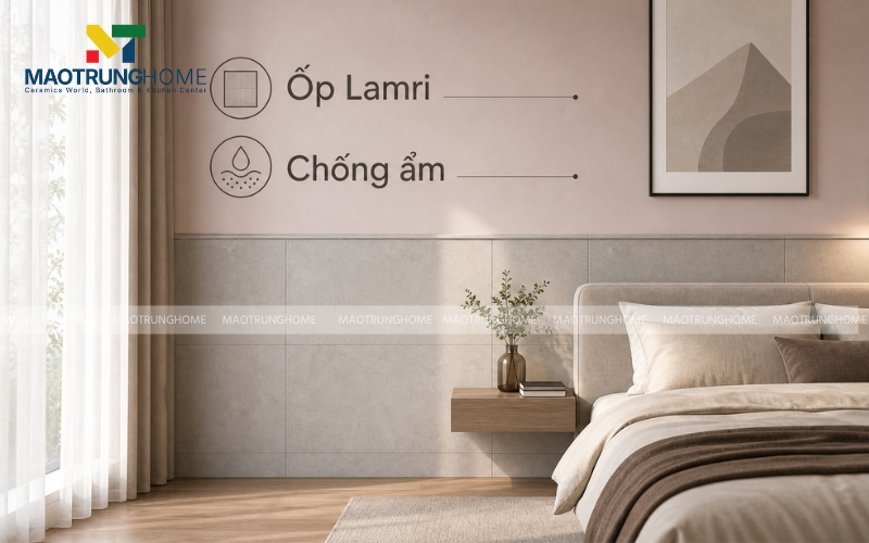 Phòng ngủ ứng dụng cách ốp lamri chân tường kết hợp sơn bả phần trên chống nồm ẩm
