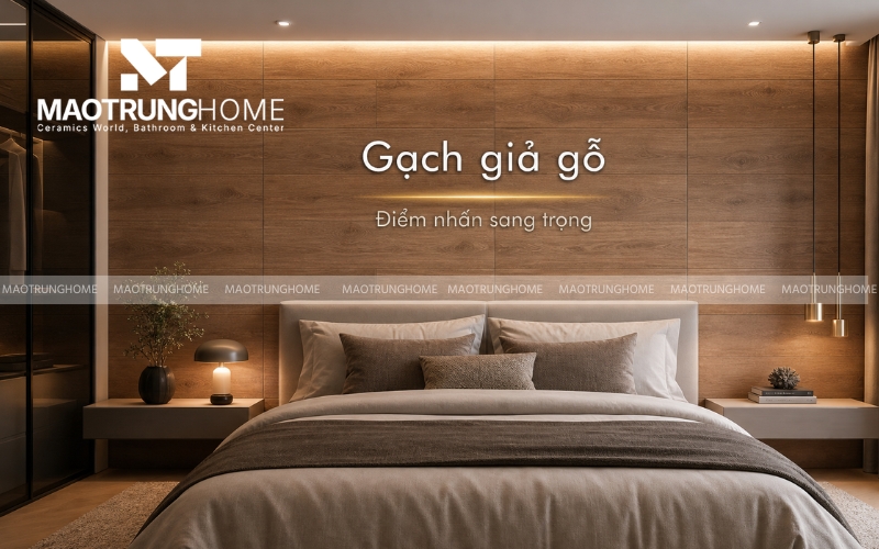 Bức tường đầu giường được ốp gạch giả gỗ tạo điểm nhấn ấm áp cho phòng ngủ