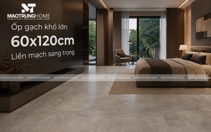 Ốp gạch khổ lớn 60x120cm toàn phần cho phòng ngủ Master với đường ron siêu nhỏ