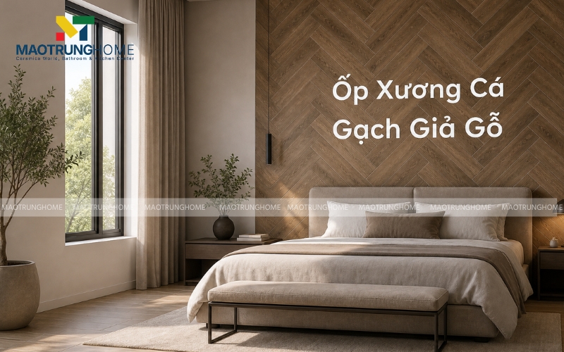Mảng tường phòng ngủ thi công bằng cách ốp gạch giả gỗ kiểu xương cá ấn tượng