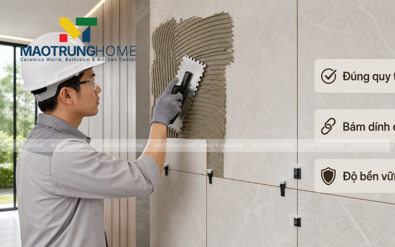 Thợ thi công đang sử dụng keo dán gạch chuyên dụng và ke cân bằng ron gạch ốp tường