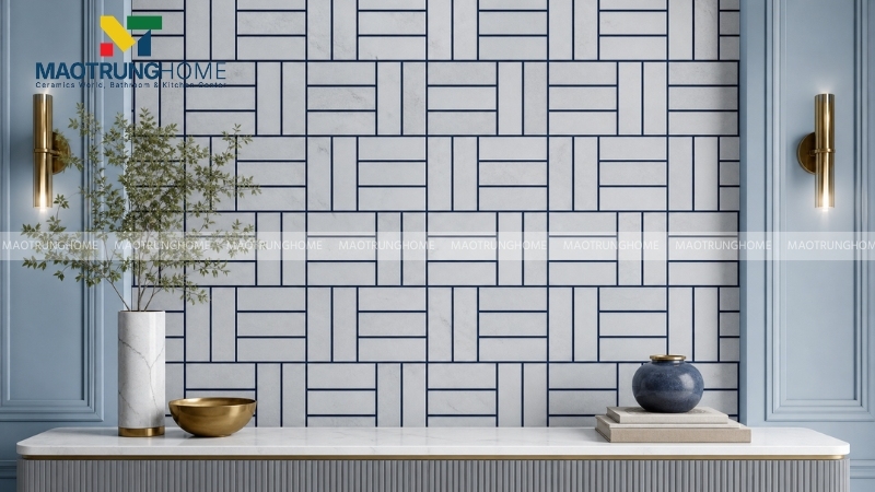 Ốp gạch đan rổ ngẫu hứng giúp tạo điểm nhấn cho các mảng tường trang trí