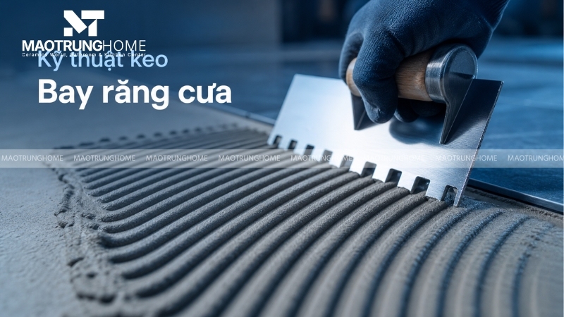 Bạn dùng bay răng cưa kích thước 6x6mm để trát keo lên tường