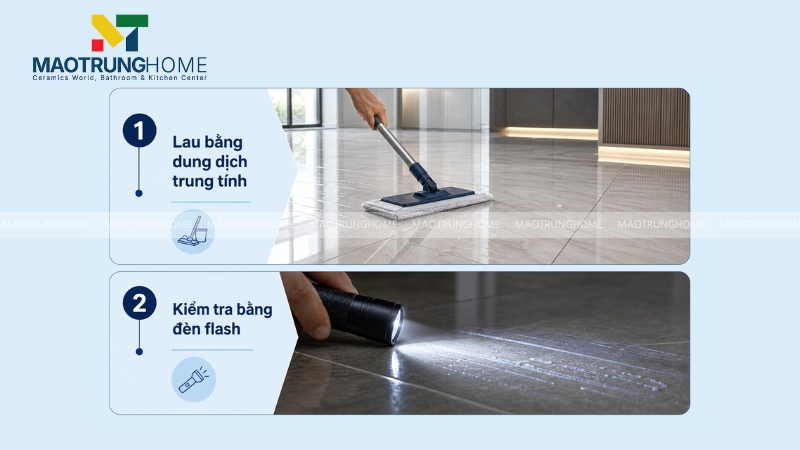 Bạn cần lau sàn bằng dung dịch trung tính và soi đèn pin để kiểm tra lại vết keo