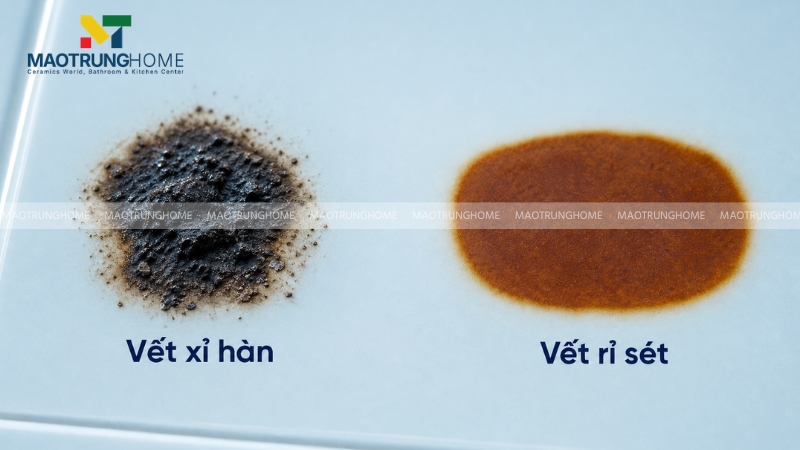 So sánh trực quan giữa vết xỉ hàn cháy đen gồ ghề và vết ố rỉ sét