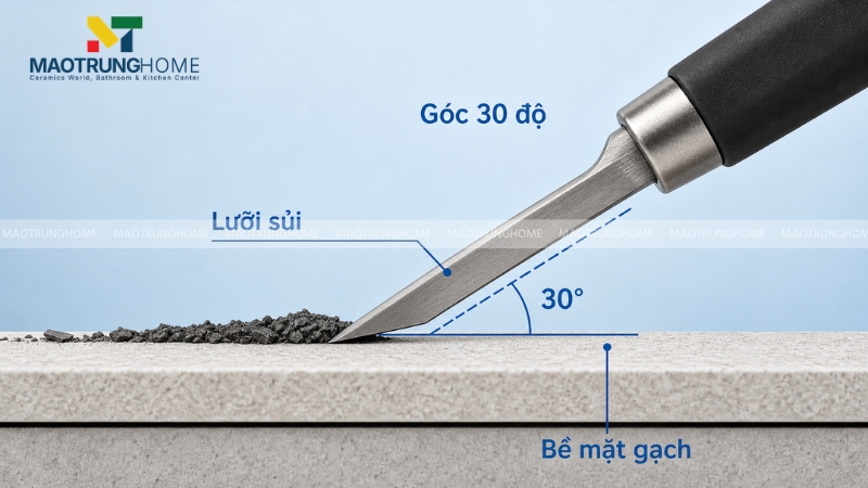 Đặt dao rọc giấy hoặc sủi ron gạch nghiêng đúng góc 30 độ