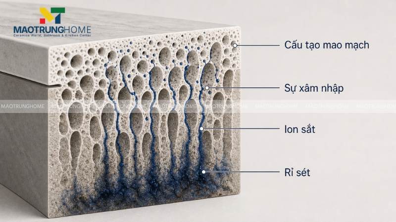 Cấu tạo mao mạch gạch bị ion sắt thâm nhập gây rỉ sét