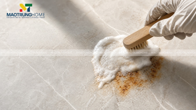 Hỗn hợp baking soda và giấm lên vết rỉ sét xước trên mặt gạch