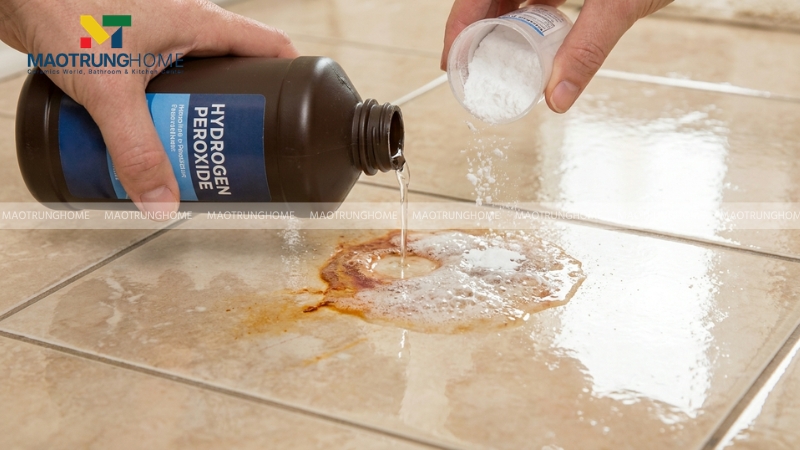 Đổ oxy già trực tiếp lên vết rỉ sét và rắc thêm một lớp baking soda