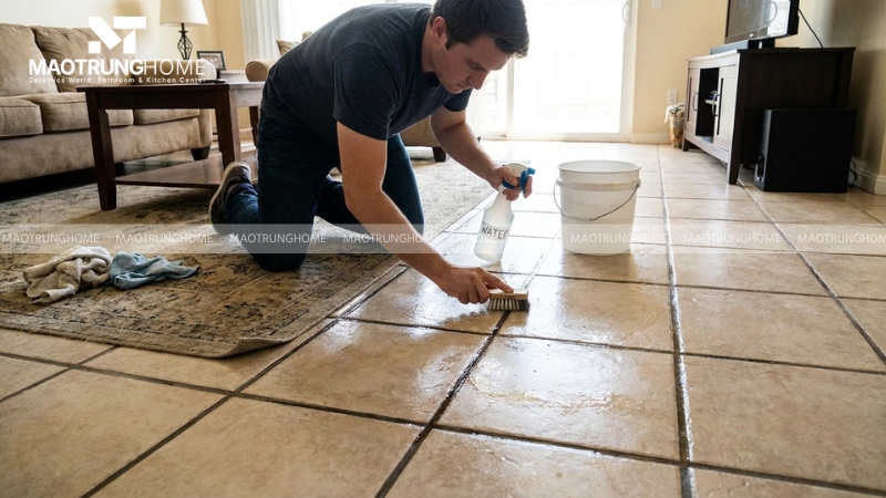 Bắt buộc làm ướt ron gạch bằng nước sạch 
