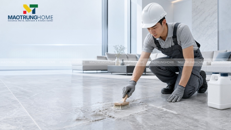 Quét hóa chất chuyên dụng lên ron gạch và mảng bám xi măng