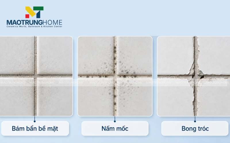 Bảng minh họa chi tiết 3 cấp độ ron gạch bị đen từ bám bẩn bề mặt, nấm mốc đến bong tróc đứt gãy