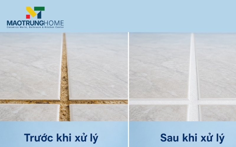 Hình ảnh thực tế trước và sau khi sử dụng dung dịch tẩy rửa mạch gạch tại công trình