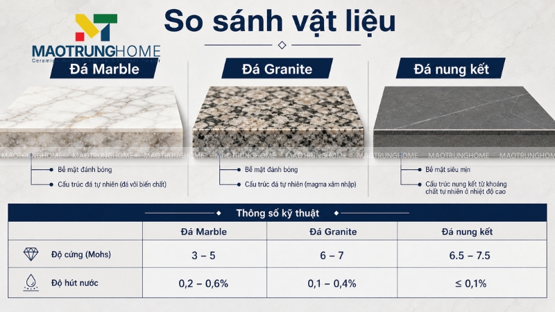 So sánh vật liệu: Đá tự nhiên và đá nung kết khổ lớn